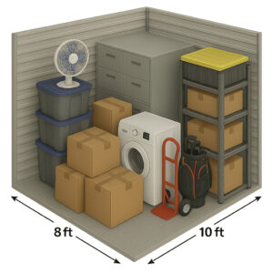 8×10 Self Storage Storage unit with boxes, a fan, filing cabinet, washing machine, dolly, and shelves. Unit dimensions are 8 feet by 10 feet.