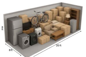 8×20 Self Storage Storage unit with a bicycle, home appliances, boxes, furniture, a lamp, and a TV arranged in an 8x20 ft space.