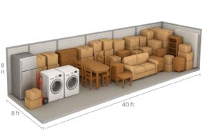 8×40 Self Storage v3 A storage unit filled with stacked boxes, a refrigerator, washing machines, a sofa, tables, chairs, and assorted furniture. The dimensions are 8 feet high, 8 feet wide, and 40 feet long.