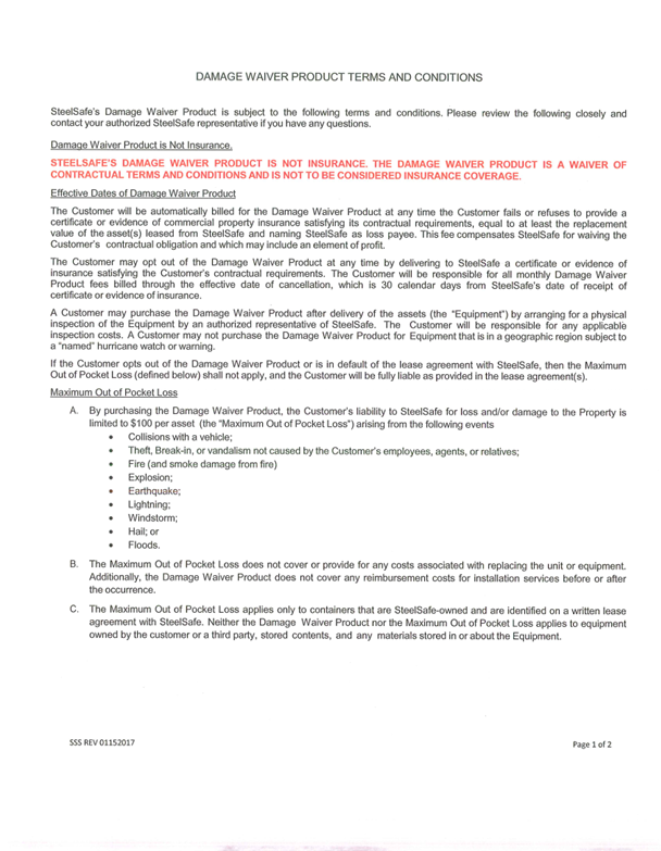 An image of a document titled "Damage Waiver Product Terms and Conditions" with detailed text about contractual terms, exclusions, and coverage limitations.