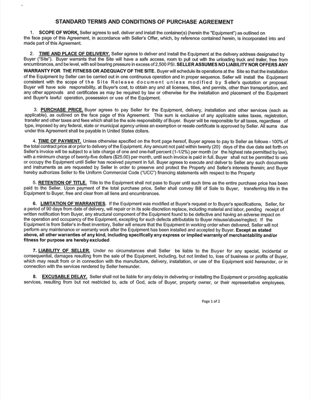 Text of a purchase agreement document with sections detailing scope of work, delivery, site adequacy, and purchase price.
