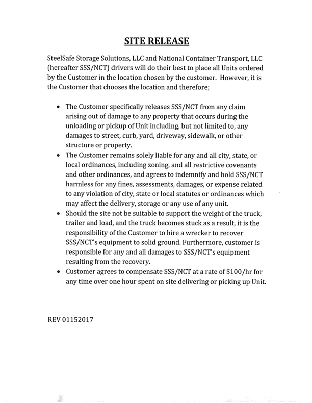 Black text on a white page titled "Site Release," detailing legal terms and conditions for a service agreement between a customer and companies, specifying liabilities and responsibilities.