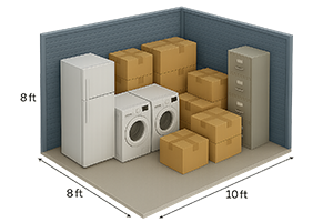 8×10 Self Storage blue walls A storage unit measuring 8 by 10 feet, containing a refrigerator, washer, dryer, filing cabinet, and several stacked cardboard boxes.