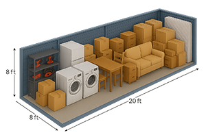 8×20 Self Storage blue A storage unit measuring 8x8x20 feet containing shelves with items, a washer, dryer, table, chairs, couch, stacked boxes, and a mattress against the wall.