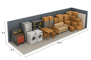 8×40 Self Storage v4 A storage unit measuring 8 feet by 40 feet contains appliances, furniture, boxes, a mattress, and tool chests, all organized along the walls.