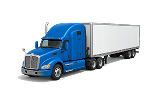A blue semi-truck with a white trailer is parked on a gray surface.