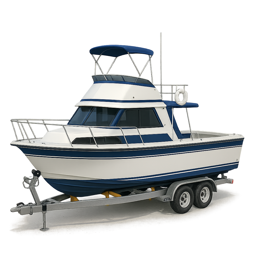 A white and blue cabin cruiser boat with a canopy, positioned on a dual-axle trailer against a dark gradient background.