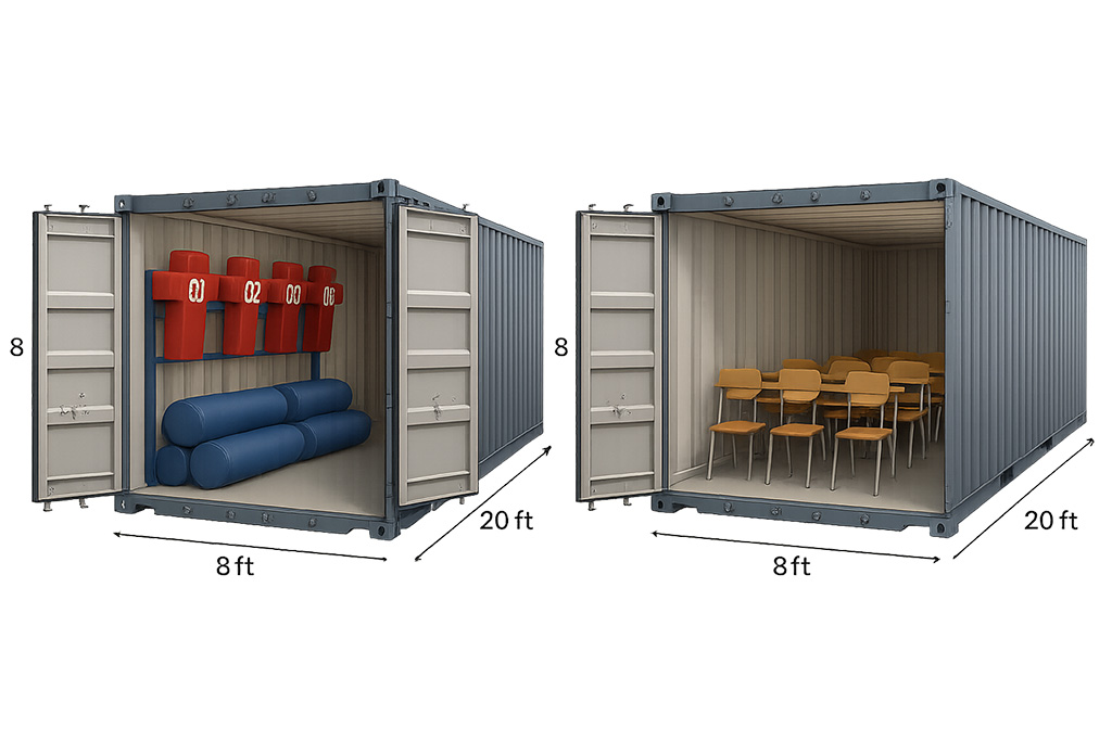 School Storage Containers – Furniture and Athletic v2 Two open 20-foot shipping containers: one contains sports equipment, the other has desks and chairs arranged classroom-style. Dimensions labeled as 8x8x20 feet.