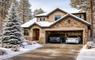 Two cars are parked in the driveway and garage of a modern suburban house surrounded by snow-covered trees and landscaping in winter.