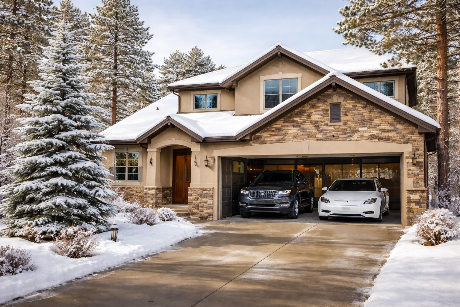 Two cars are parked in the driveway and garage of a modern suburban house surrounded by snow-covered trees and landscaping in winter.