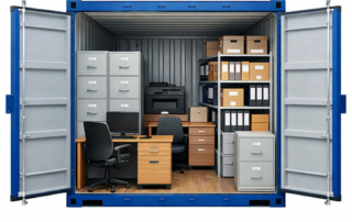 A shipping container converted into an office with desks, chairs, filing cabinets, shelves, and office supplies neatly arranged inside.