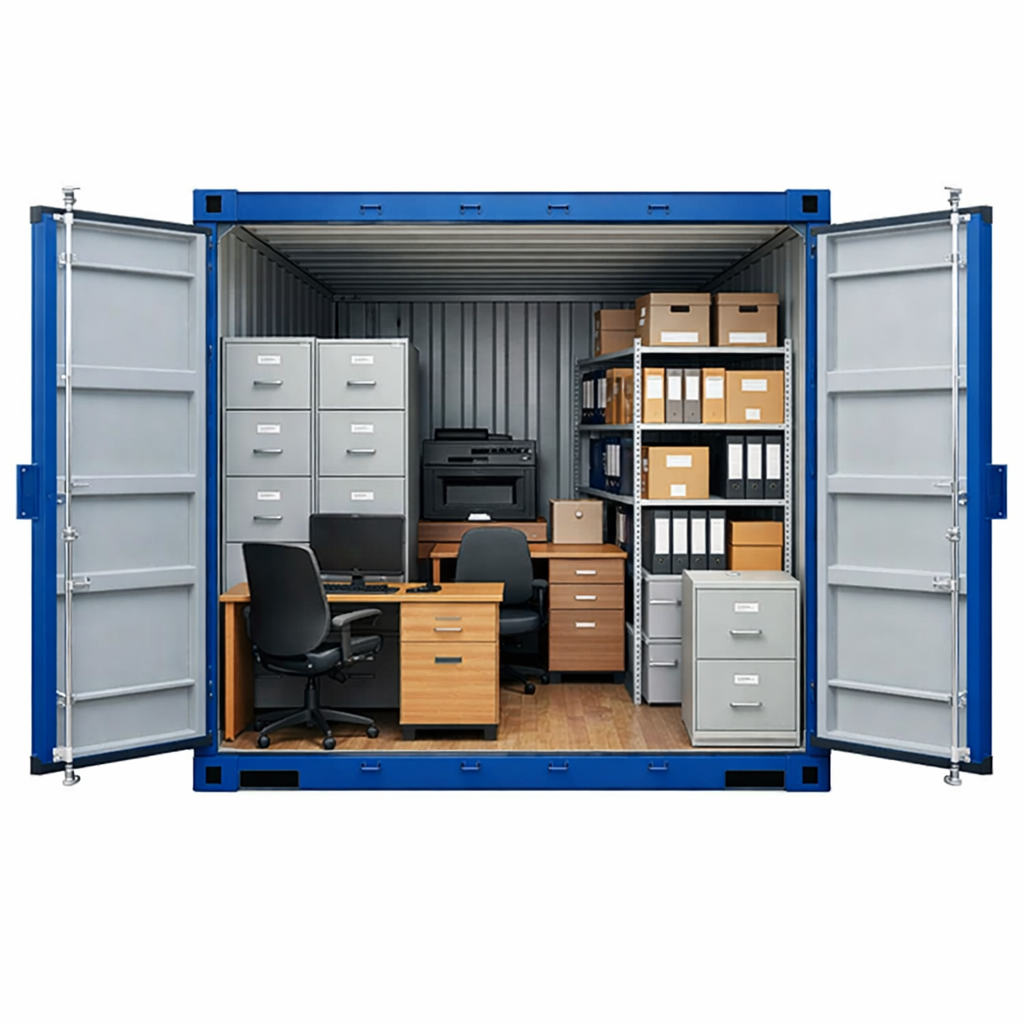 A shipping container converted into an office with desks, chairs, filing cabinets, shelves, and office supplies neatly arranged inside.