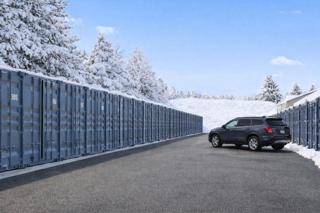 A black SUV is parked on a paved road between rows of blue storage containers, with snow-covered trees and ground in the background.