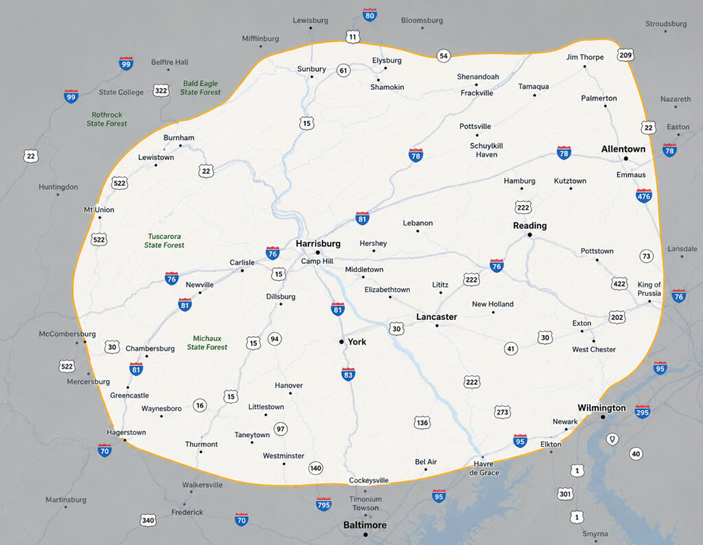 Service Area Map Map showing Pennsylvania cities and highways within a highlighted area, including Harrisburg, Lancaster, Reading, York, and surrounding regions. Major interstates and state forests are labeled.