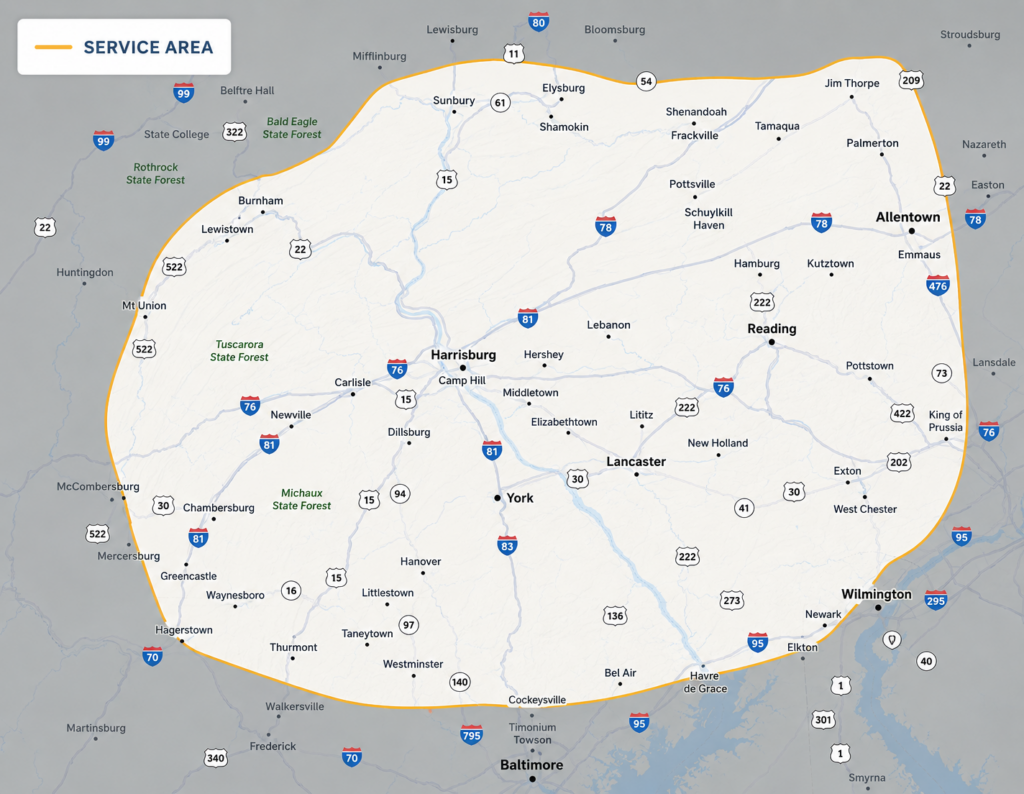 Map showing a highlighted service area in Pennsylvania, covering cities including Harrisburg, York, Lancaster, Reading, and Allentown, and parts of Maryland and Delaware.
