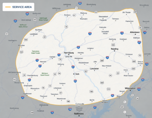 Service Area Map Map showing a highlighted service area in Pennsylvania, covering cities including Harrisburg, York, Lancaster, Reading, and Allentown, and parts of Maryland and Delaware.