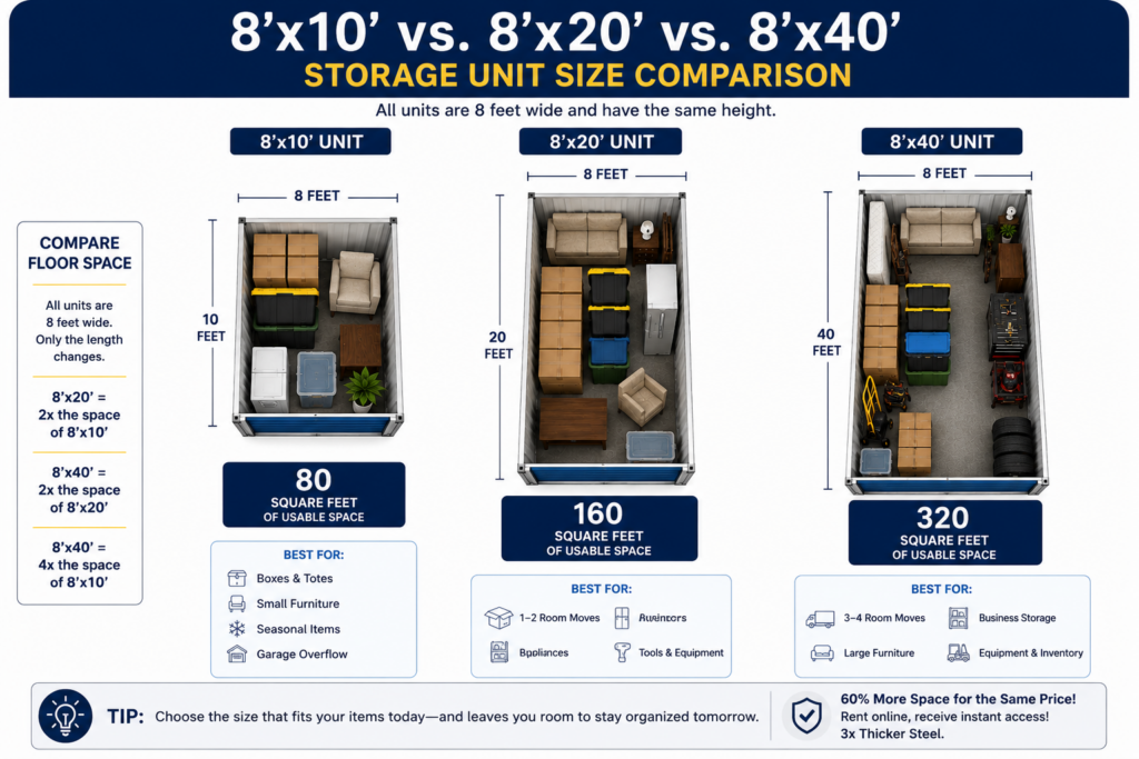 “8x10 vs 8x20 vs 8x40 SteelSafe storage unit size comparison”