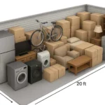 A storage unit, 8x8x20 feet, filled with boxes, furniture, appliances, a bicycle, a TV, and household items arranged neatly against the back and side walls.