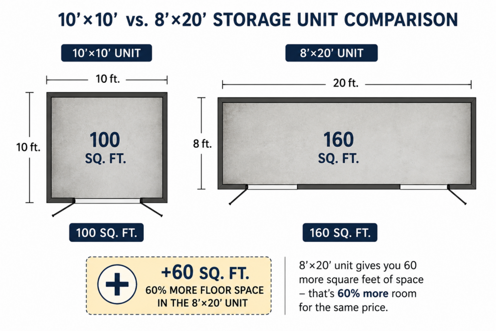 Diagram comparing a 10’x10’ unit (100 sq. ft.) to an 8’x20’ unit (160 sq. ft.), noting the 8’x20’ unit offers 60% more space for the same price.