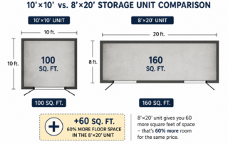 Diagram comparing a 10’x10’ unit (100 sq. ft.) to an 8’x20’ unit (160 sq. ft.), noting the 8’x20’ unit offers 60% more space for the same price.