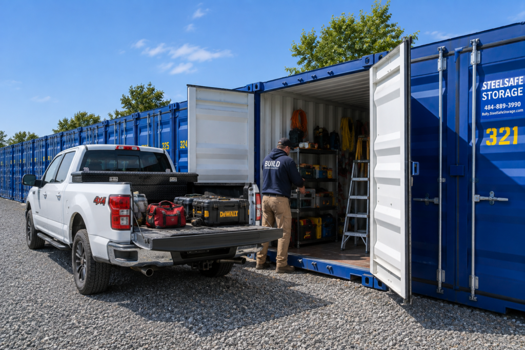 Customer unloading belongings from a vehicle into a SteelSafe drive-up storage unit.