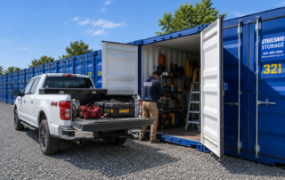 Customer unloading belongings from a vehicle into a SteelSafe drive-up storage unit.
