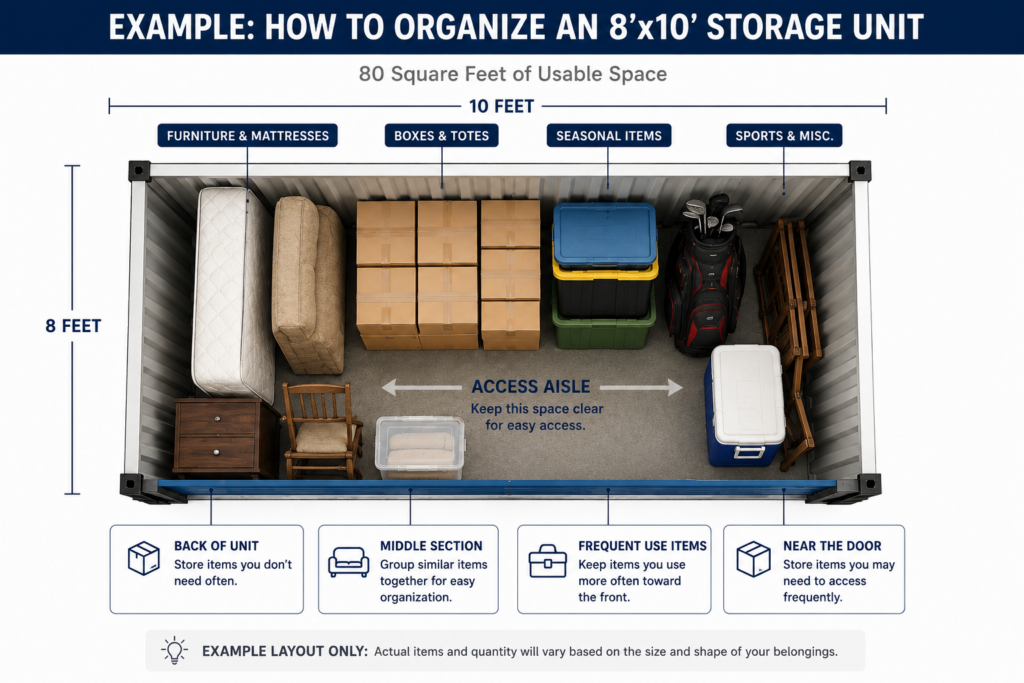 Example organized 8x10 storage unit with boxes totes and furniture