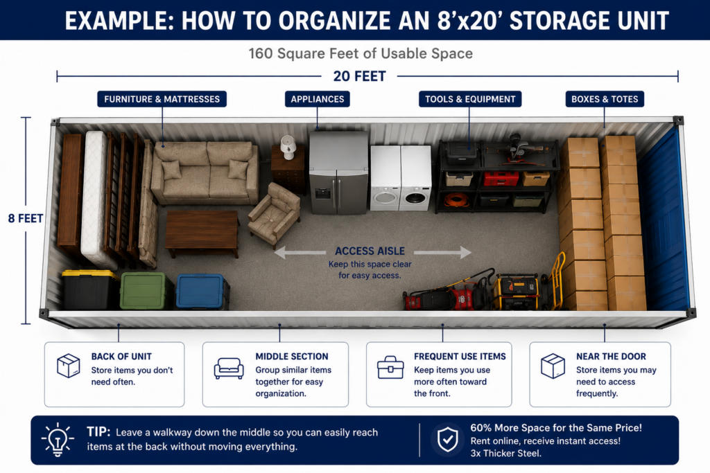 Organized 8x20 storage unit with furniture, appliances, tools, boxes, and a clear access aisle.