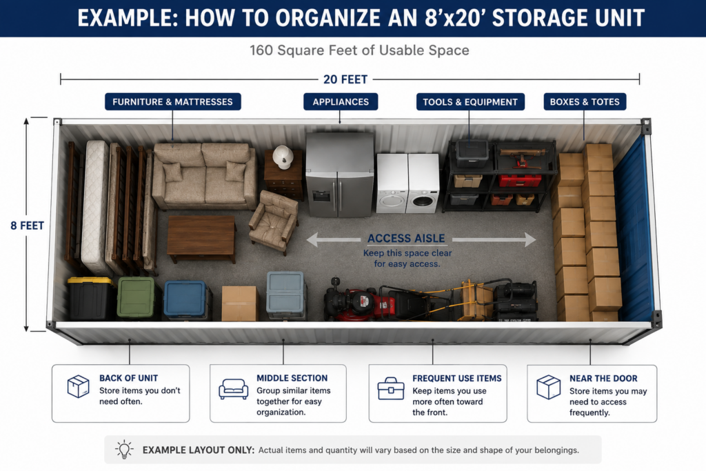 Overhead view of a storage unit showing organized sections for furniture, equipment, and boxes; open access aisle runs down the center for easy access to stored items.