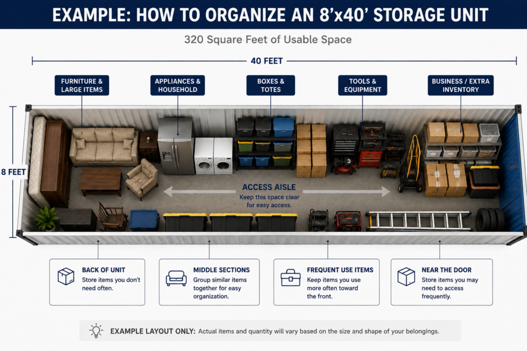 Example organized 8x40 storage unit with furniture boxes tools and access aisle