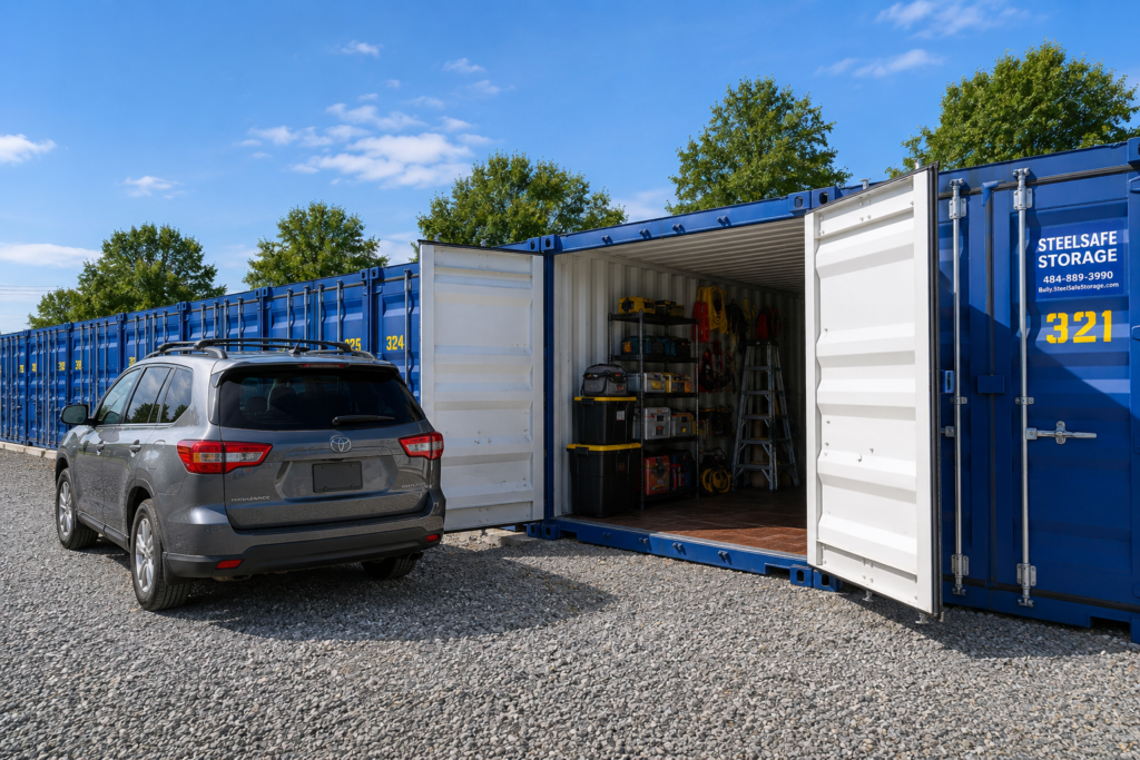 Vehicle parked outside a ground-level SteelSafe drive-up storage unit.