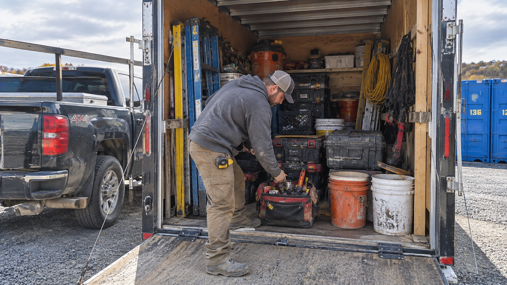 Contractor selecting tools and materials from a work trailer for the day’s job.