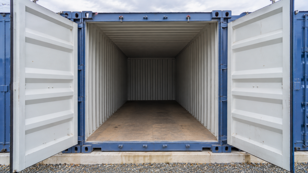 Interior of an actual empty SteelSafe storage unit viewed through its open container doors.
