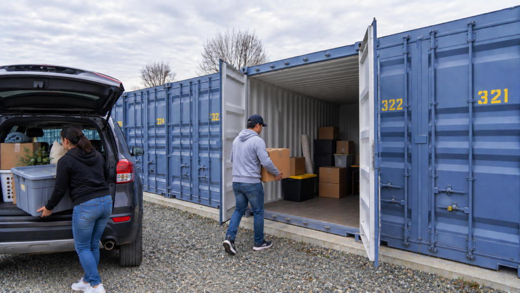 Couple unloading packed household belongings at a SteelSafe storage unit on their planned move-in day.