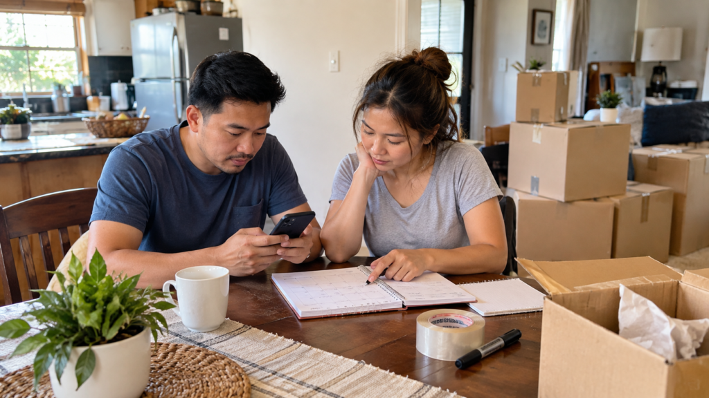 Couple planning an upcoming move at home while reviewing dates and packed boxes.
