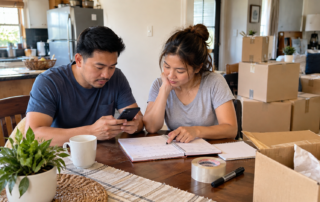 Couple planning an upcoming move at home while reviewing dates and packed boxes.