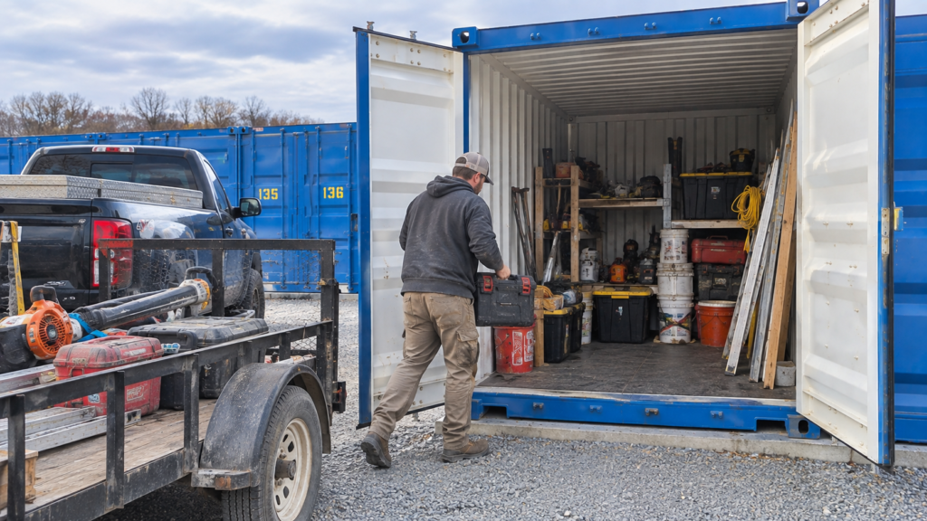 Contractor loading work equipment at a SteelSafe drive-up storage unit.