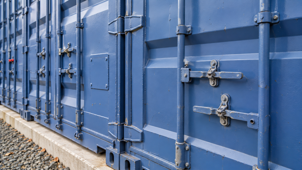 Close-up of the real doors, locking bars, hinges and locking hardware on a SteelSafe storage unit.