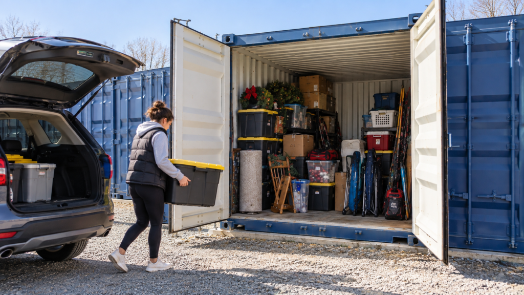 Blue container-style drive-up storage unit with household boxes, seasonal decorations, and storage bins inside.