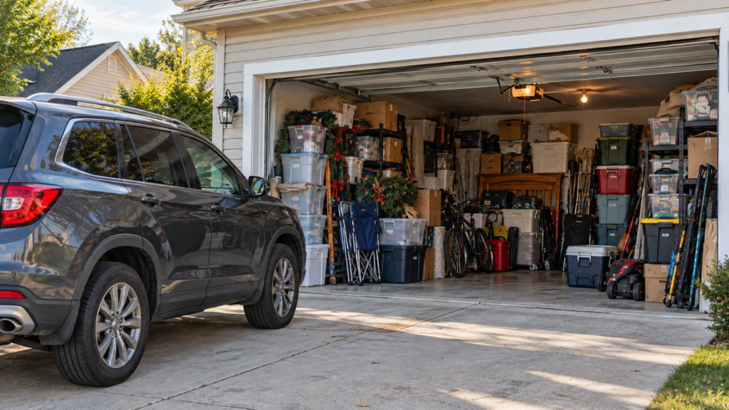 Crowded residential garage filled with storage boxes, bicycles, and household belongings, with an SUV parked outside.