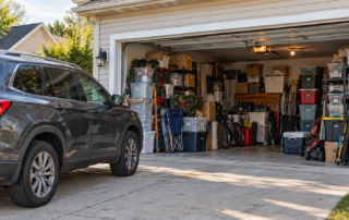 Crowded residential garage filled with storage boxes, bicycles, and household belongings, with an SUV parked outside.