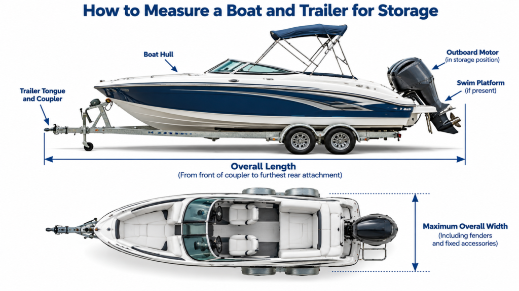 Diagram showing the overall length of a boat and trailer from the coupler to the outboard motor or rear attachment, plus the maximum width of the setup.
