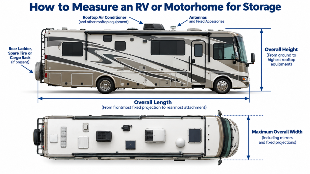 Diagram showing an RV's overall length, maximum width including mirrors, and height from the ground to the highest rooftop equipment.