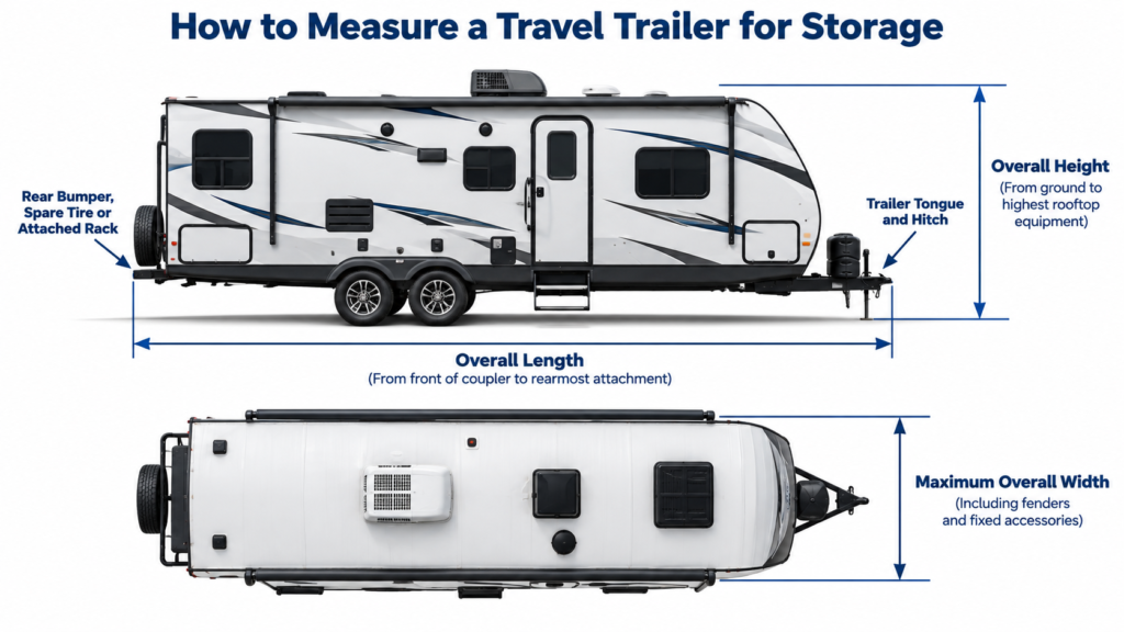 Diagram showing how to measure a travel trailer's overall length from the coupler to the rear attachment, maximum width, and height including rooftop equipment.