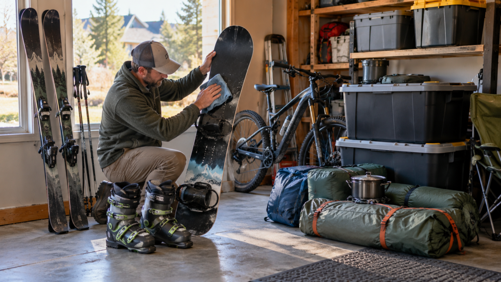 Skis, snowboard, bicycle, and camping equipment being cleaned and organized before seasonal storage.